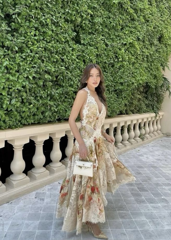 Vintage Halter V-Neck Chiffon Print Floral Lace Prom Dress Mermaid Long Party Dress - View 5 | FashionDia