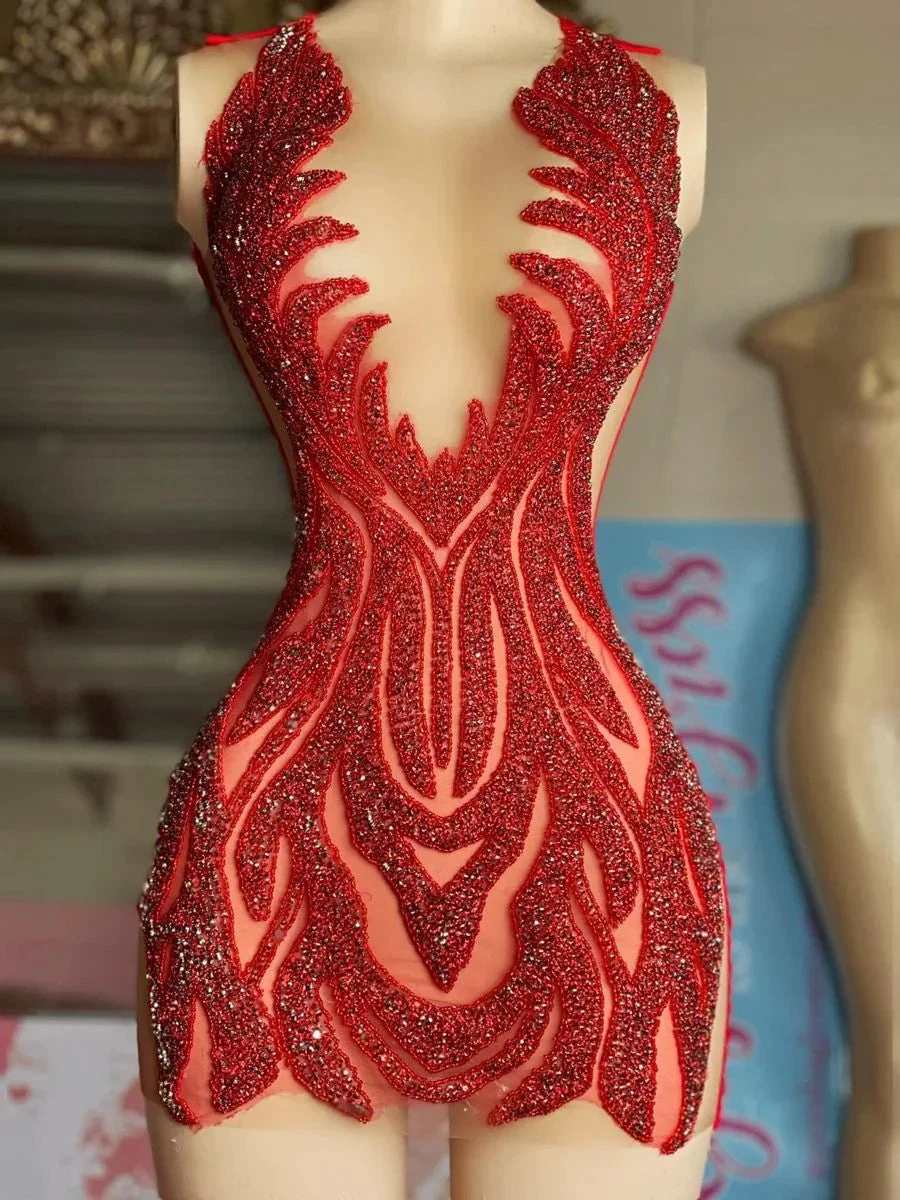 See Through Luxury Short Red African Black Girls Mini Homecoming Dress Y4424 by simplepromdress