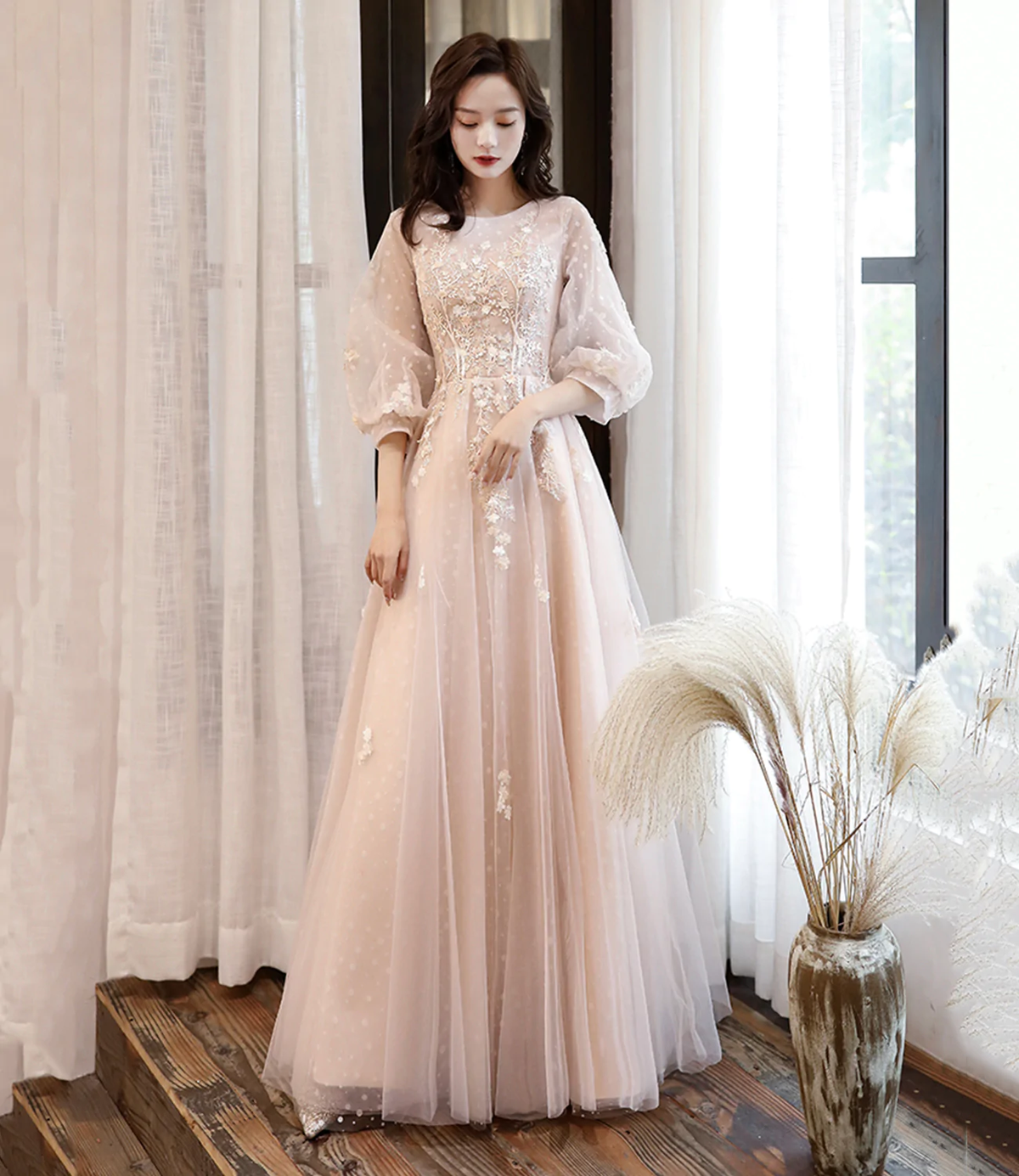 Cute tulle lace long prom dress A line evening dress Y1291 - VelvetHem