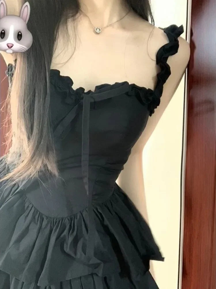 Hrajuku Goth Lolita Kawaii Cute Black Ruffles Soft Girl Y2K Coquette 2024 Fashion Cake Party Short Dress - VelvetHem