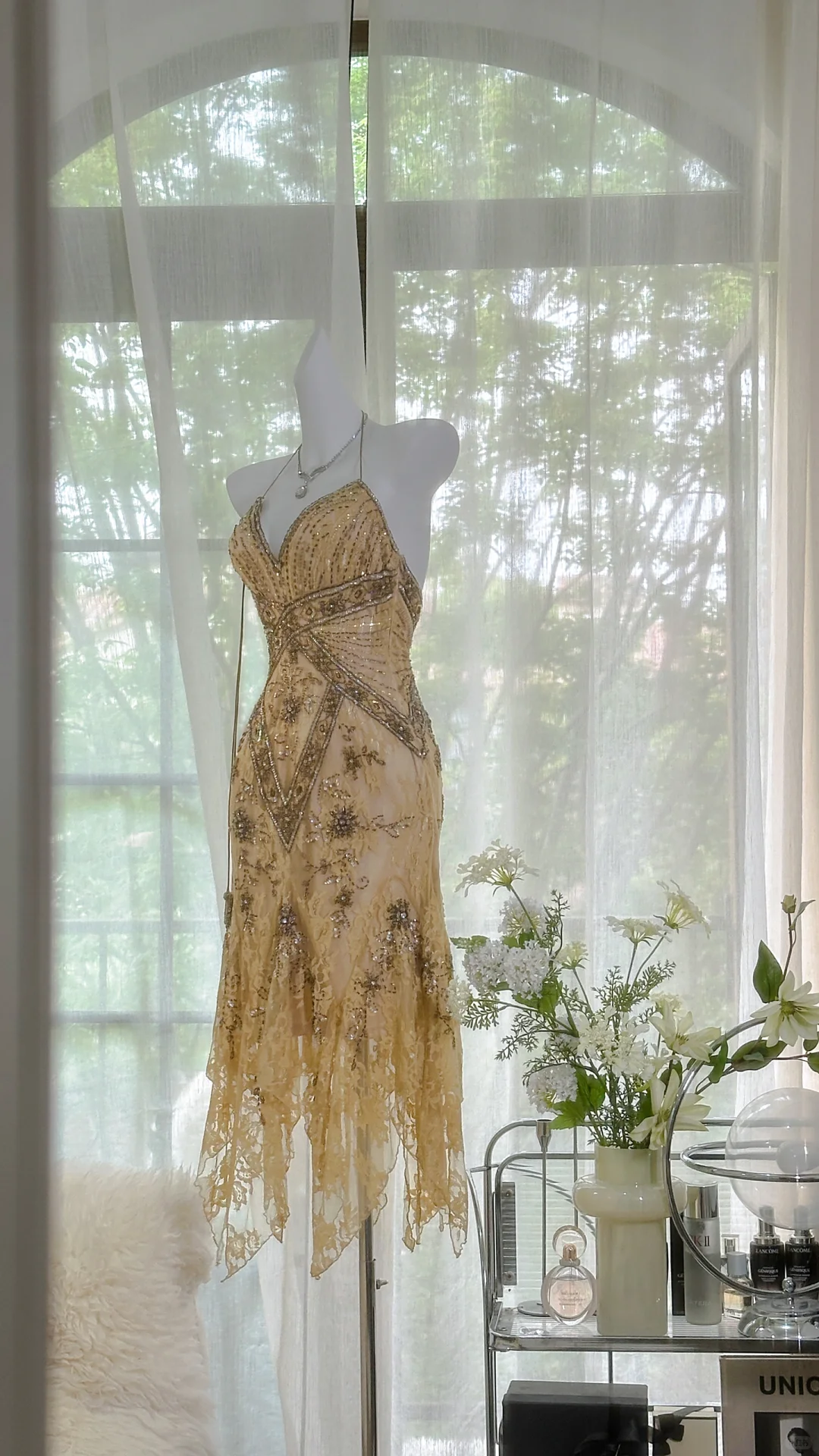 Vintage Spaghetti Straps Lace Sequin Mermaid Evening Dress Long Prom Dress