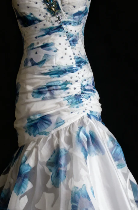 Elegant Sweetheart Neck Blue Tulle Print Floral Mermaid Long Prom Dresses Birthday Party Dress