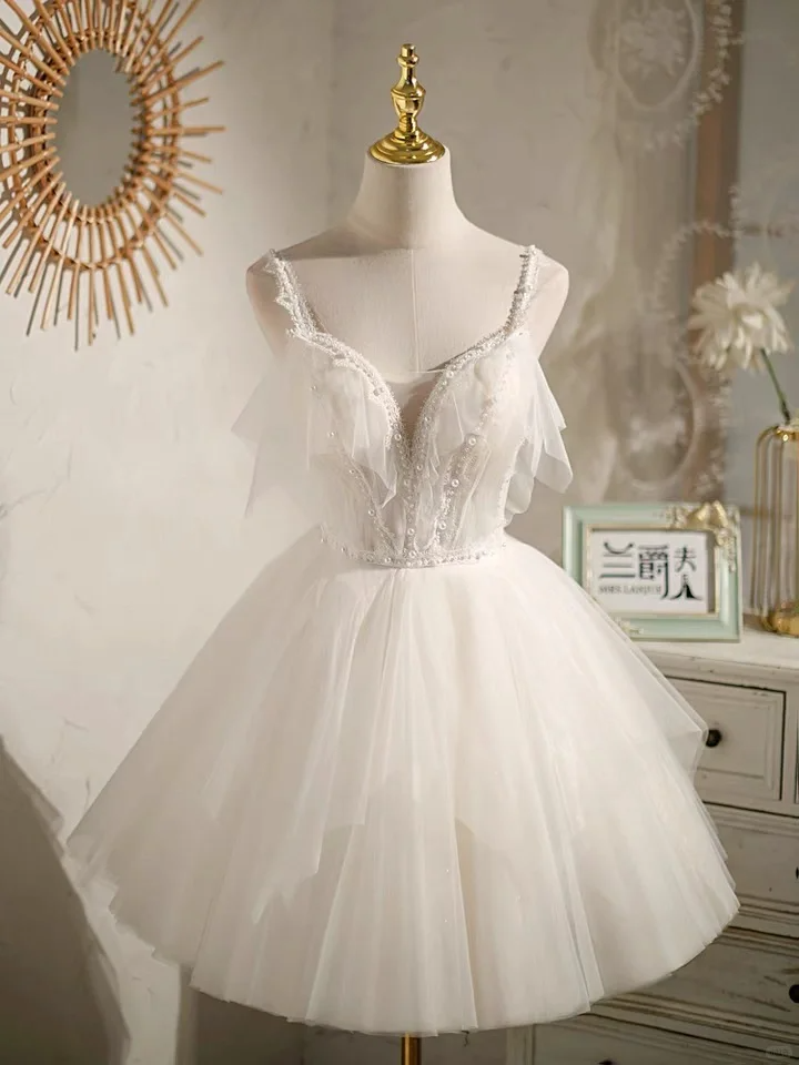 Classy Tulle Beaded A-Line Short Prom Dress White 19th Birthday Outfits - FashionDia