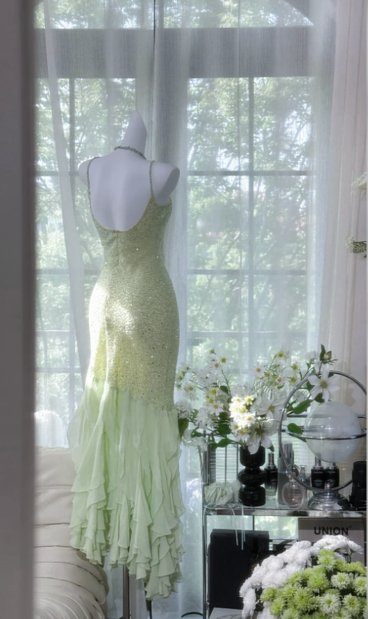 Pretty Spaghetti Straps Light Green Chiffon Beaded Ruffles Mermaid Evening Dress Long Party Dress