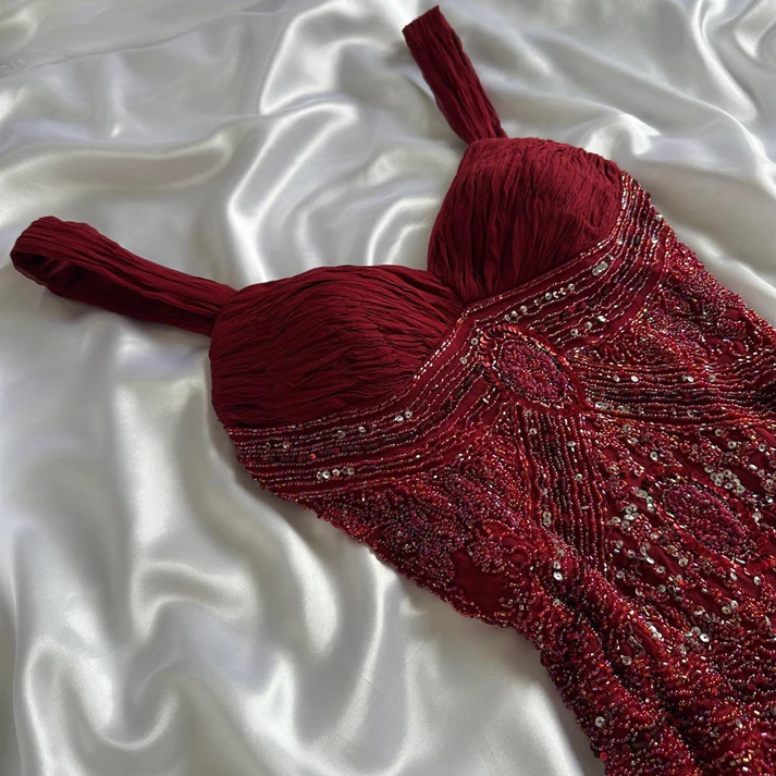Gorgeous Red V NecK Tulle Sequin Beaded Mermaid Long Evening Dress Formal Birthday Party Dress