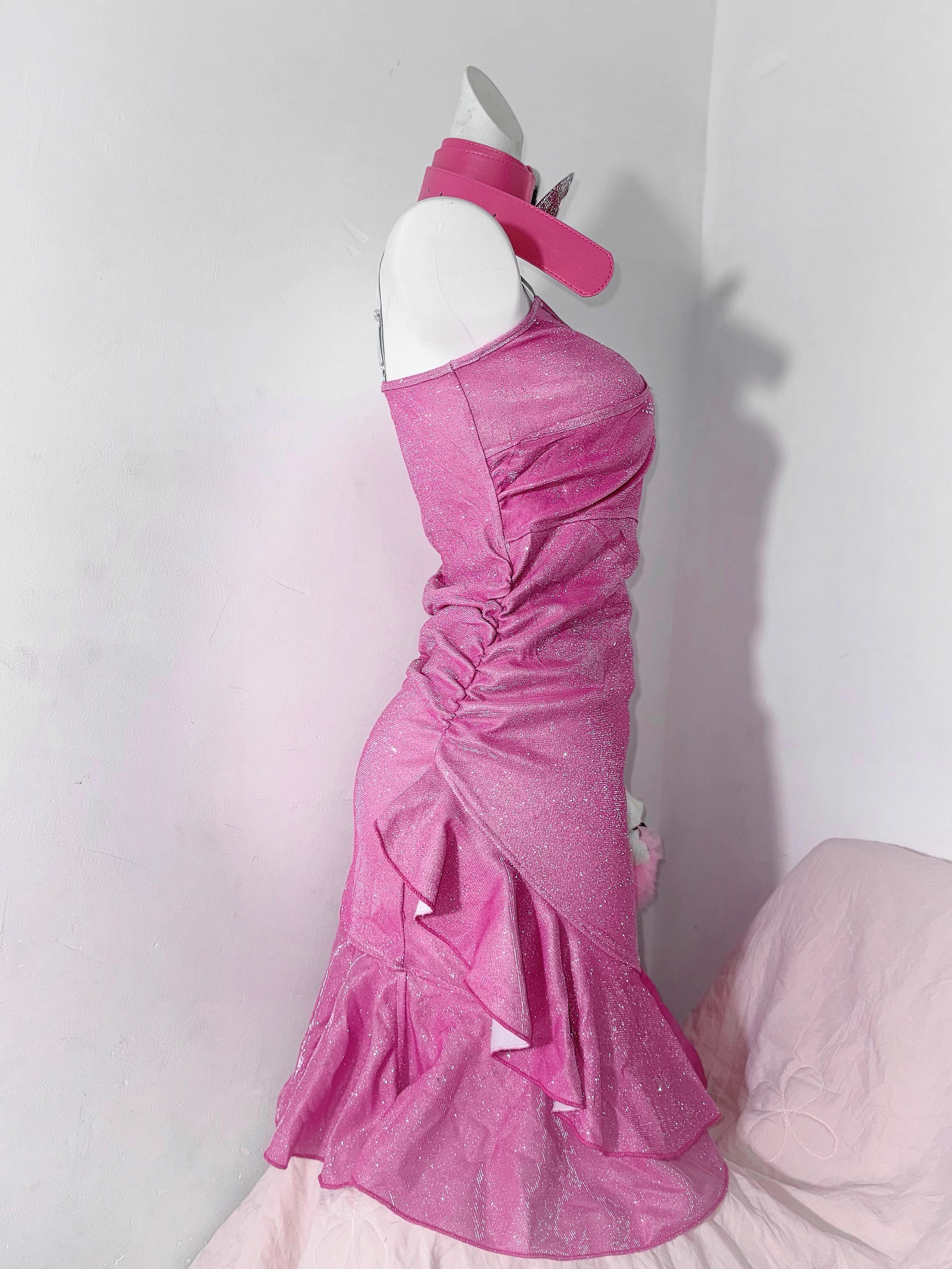 Pretty Pink Ruffles Birthday Outfits Spaghetti Straps Graduation Homecoming Dress S613