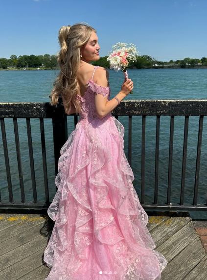 Pink Off Shoulder Fluffy Lace Appliques Floral Long Prom Dress Evening Dress Y7846 - View 3 | VelvetHem