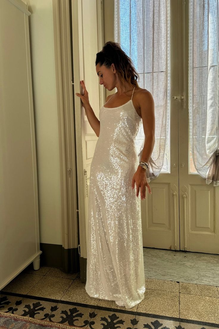 Elegant White Sequins Long Evening Dress Prom Party Dress