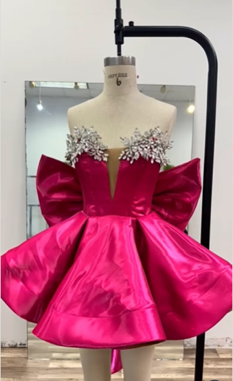Gorgeous Hot Pink Satin Beaded Homecoming Dress Short Birthday Dress With Bow - View 7 | FashionDia