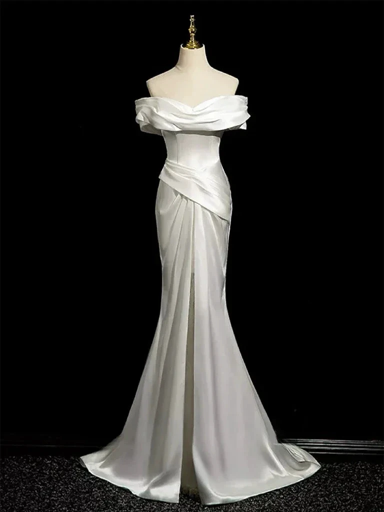 Simple Mermaid Off Shoulder Satin White Long Prom Evening Dress, Formal Wedding Dress Y8047 by simplepromdress