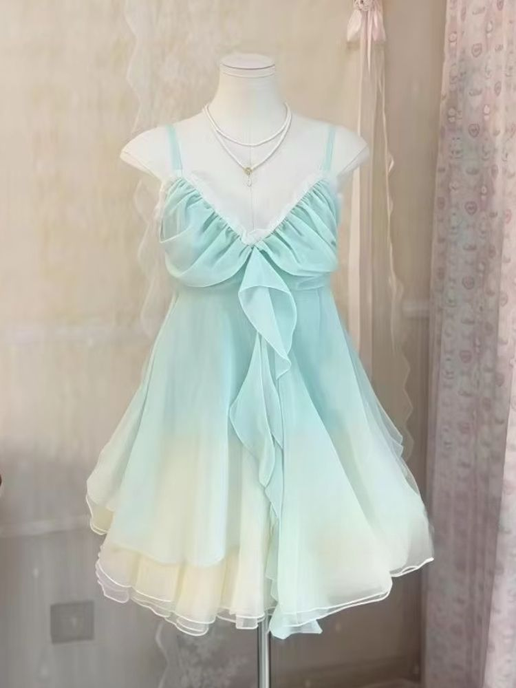 Classy Spaghetti Straps V-Neck Blue Chiffon Short Homecoming Dress Birthday Dress - FashionDia