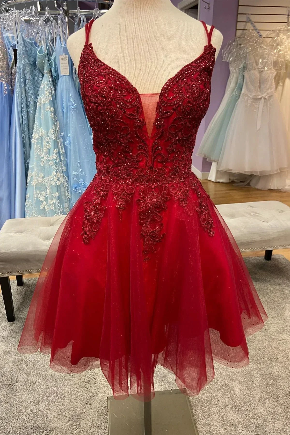 Hunter Green Plunging V Neck Straps Appliques Tulle Homecoming Dress Y2074 by simplepromdress