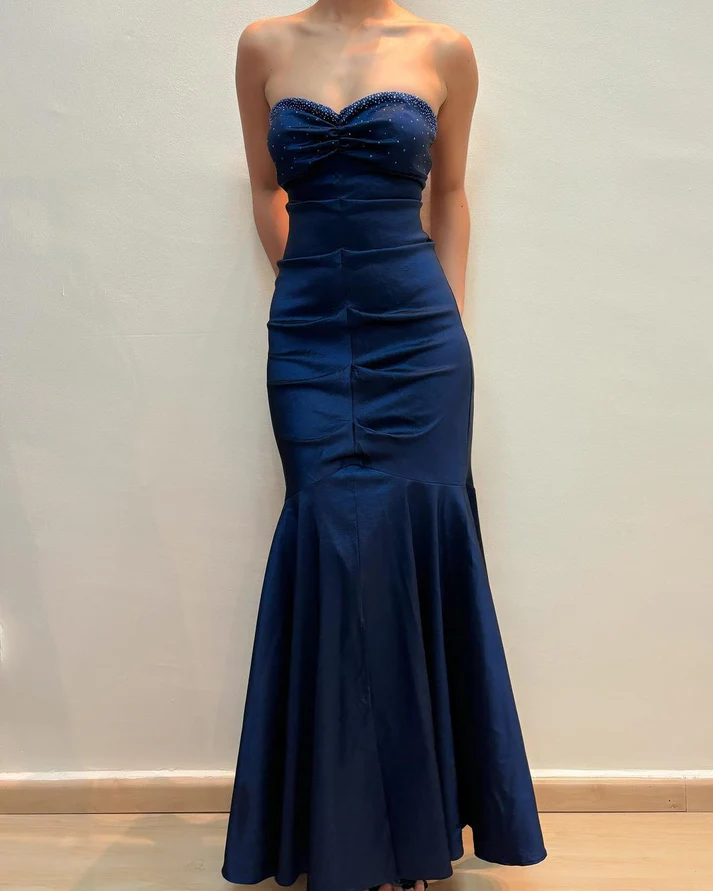 Elegant Navy Blue Ruched Mermaid Long Prom Dress Vintage Party Evening Gown