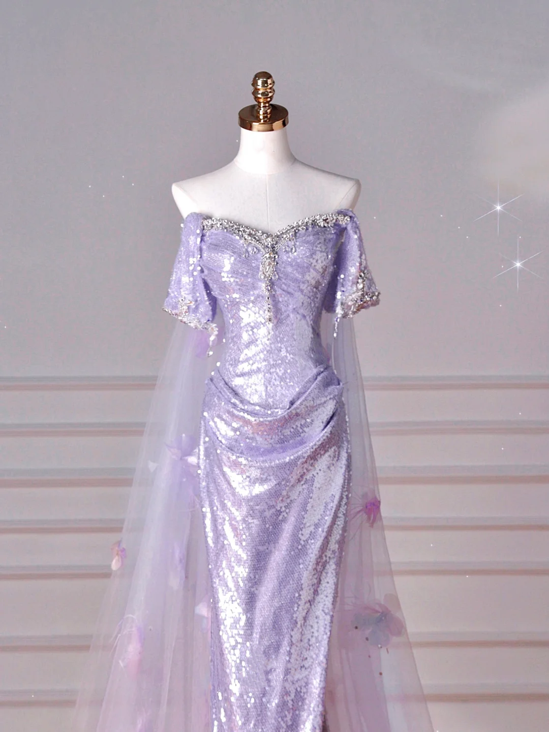 Glitter Lilac Sequin Tulle Beaded Mermaid Slit Evening Dress Off The Shoulder Tulle Appliques Prom Dress Y8632 - View 3 | VelvetHem