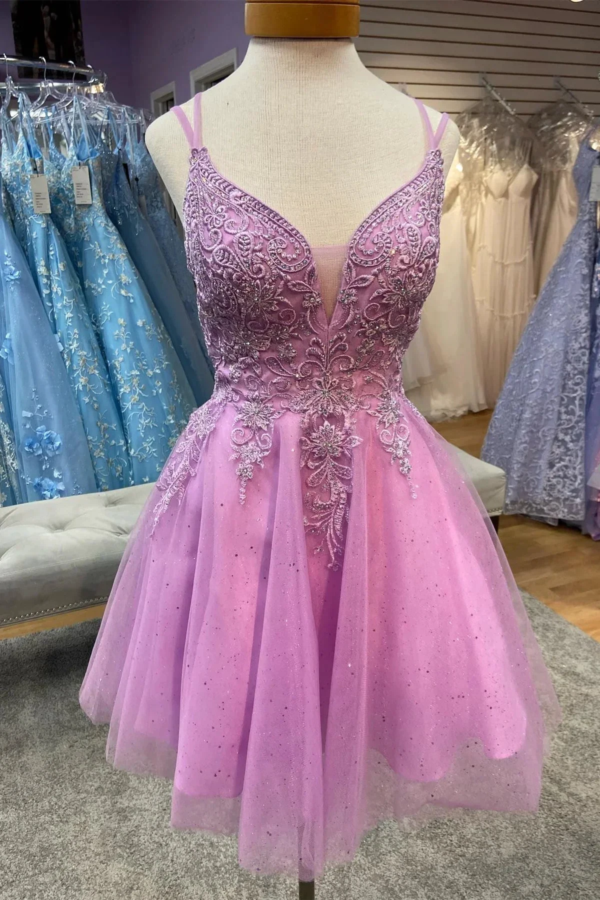 Hunter Green Plunging V Neck Straps Appliques Tulle Homecoming Dress Y2074 by simplepromdress