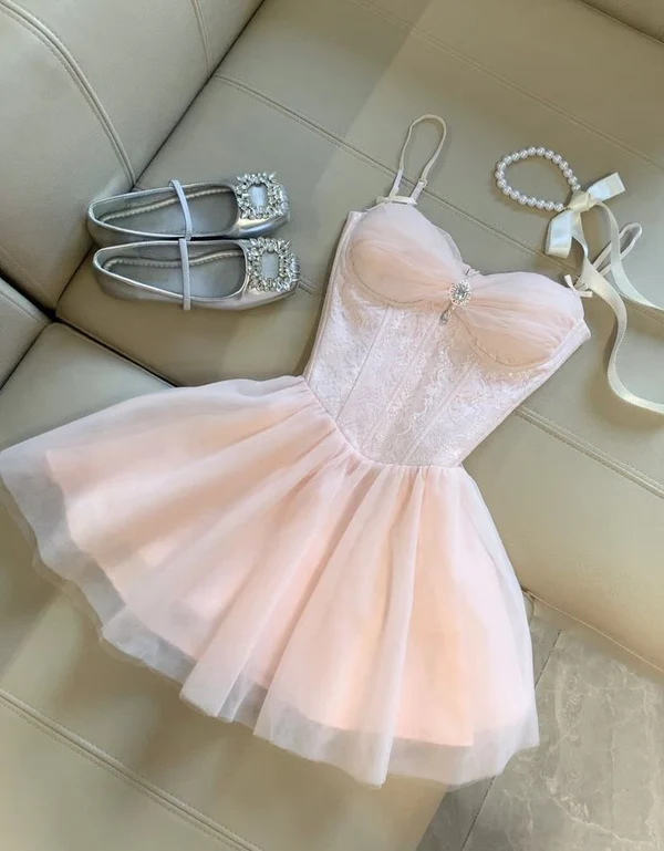 Cute Spaghetti Straps Pink Tulle A-Line 15th Birthday Outfits Formal 8th Grade Homecoming Dress - FashionDia