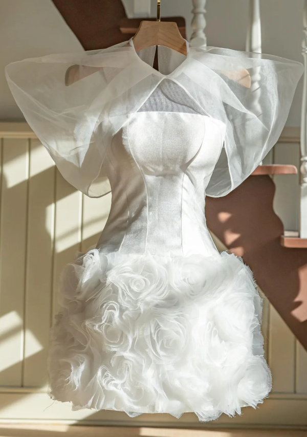 Classy Satin Tulle Flowers Short Birthday Dress Strapless Homecoming Dress