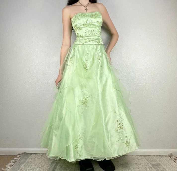 Fashion Light Green Tulle Satin Appliques A Line Long Prom Evening Dress