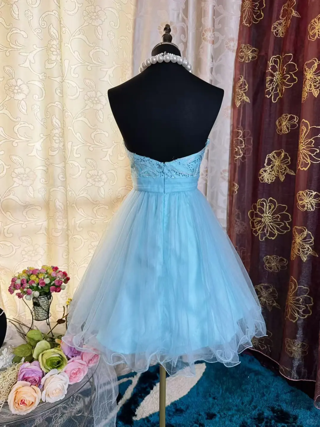 Cute Strapless Light Blue Tulle Appliques A Line Short Graduation Homecoming Dress 20th Birthday Outfits D726