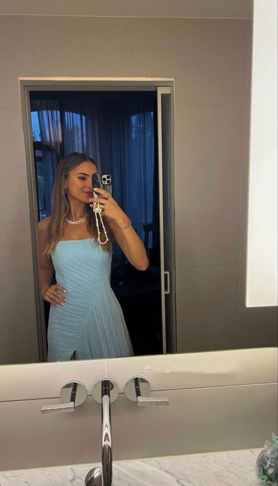 Sexy Strapless Light Blue Slit Prom Dress Long Party Evening Dress