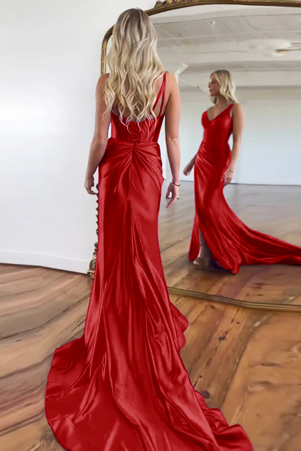 Purple Mermaid V-Neck Zipper Back Satin Long Prom Dress With Split