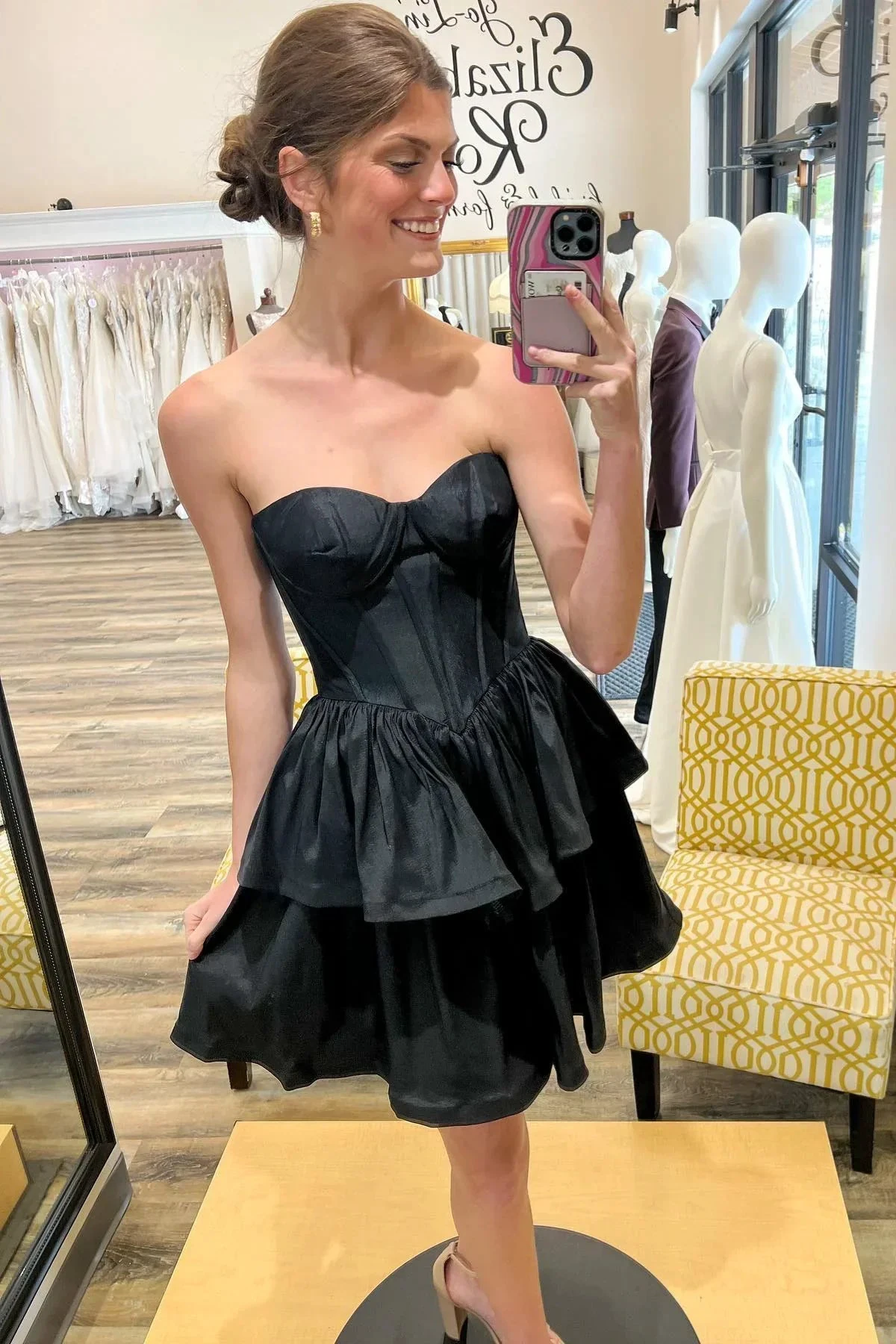 Black Strapless Satin Multi-Layers Homecoming Dress Y2070 by simplepromdress