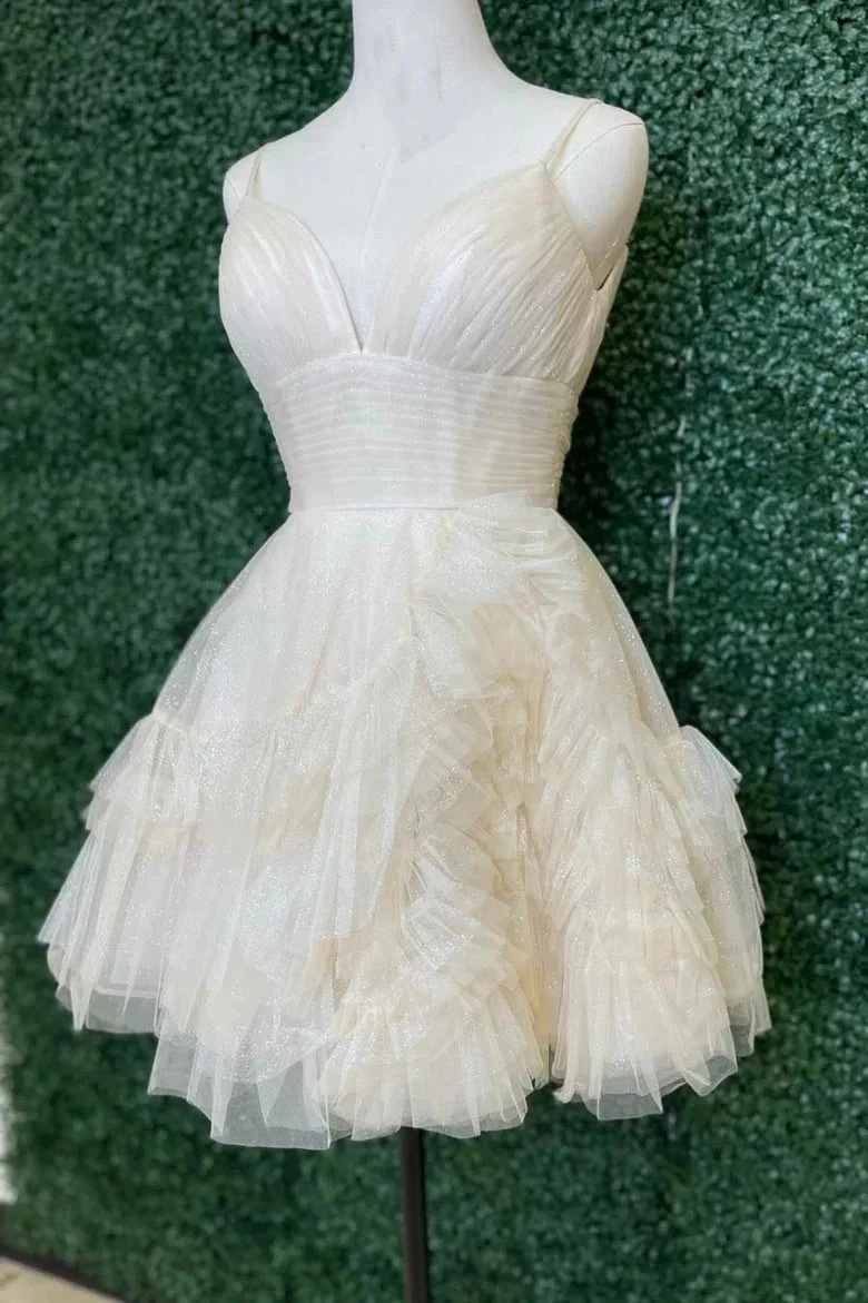 Ivory Straps A-line Short Ruffles Homecoming Dress (ZD11927)