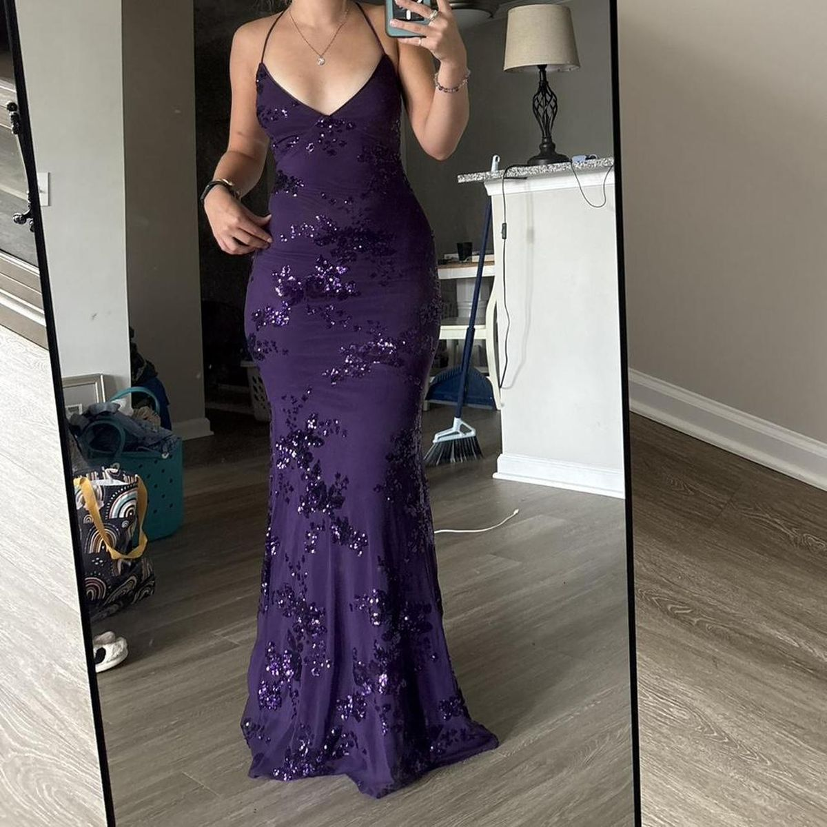 Sexy V Neck Purple Satin Sequin Backless Mermaid Evening Dress Long Party Dress