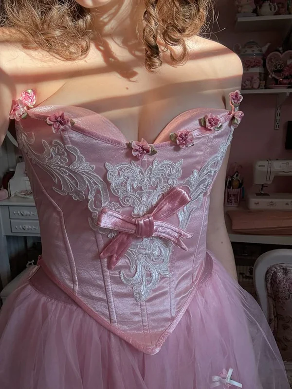 Cute Pink Strapless Satin Tulle Appliques A-Line Long Birthday Prom Dresses Formal Wedding Guest Dress Party Gown - View 3 | FashionDia