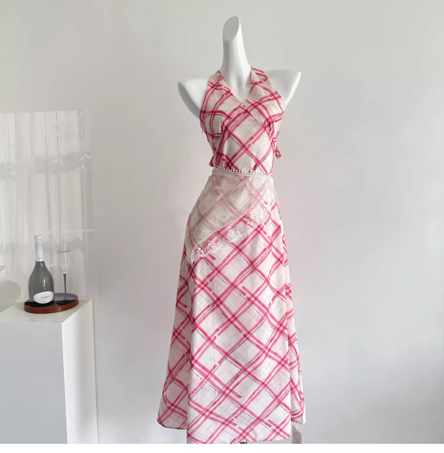 Red White Grid French A Line Vacation Dress Birthday Dress