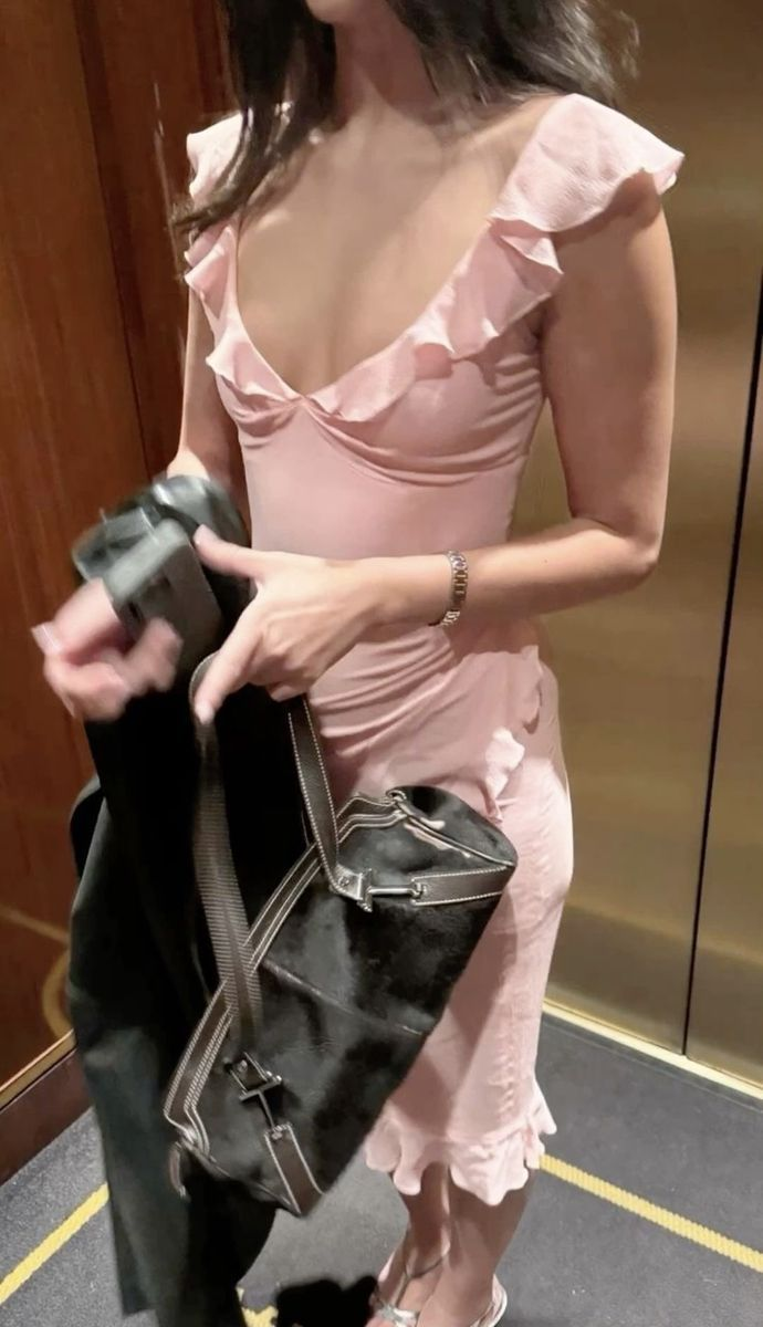 Pretty V Neck Pink Chiffon Ruffles Prom Evening Dress Y7875 - View 2 | VelvetHem