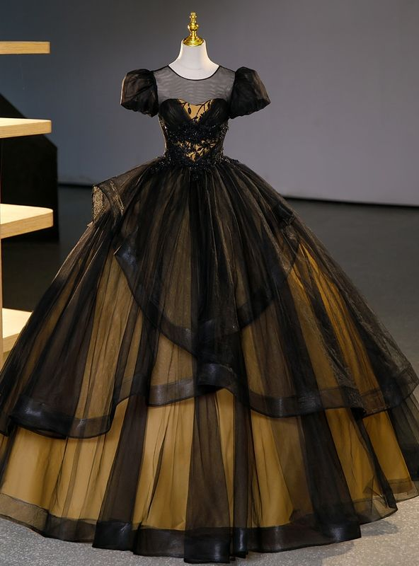 Black Tulle Puff Sleeves Appliques Beading Quinceanera Dress Sweet 16 Ball Gown