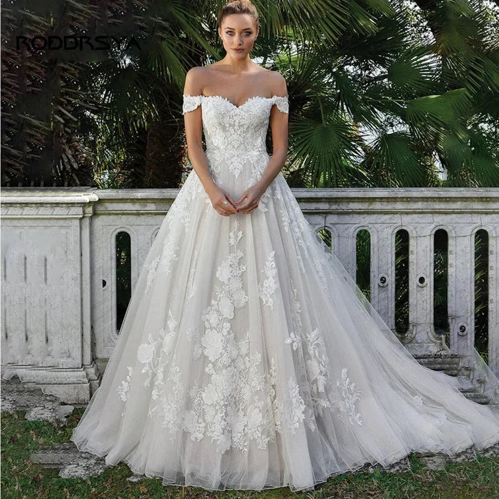 RODDRSYA Elegant A-line Lace Wedding Dresses For Women Appliques Off-Shoulder Bridal Gown Backless Sweep Train Vestidos De Noiva (ZD13335)