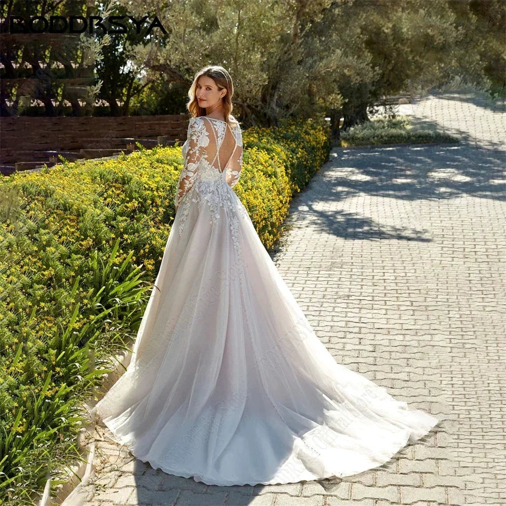 Princess Light Champagne Wedding Dresses Long Sleeves Backless A-Line Bride Gowns Applique Tulle vestidos de novia (ZD13540)