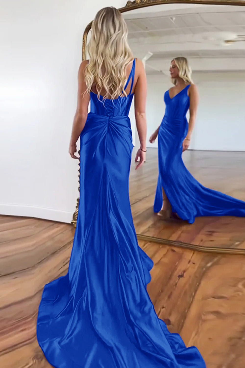 Purple Mermaid V-Neck Zipper Back Satin Long Prom Dress With Split