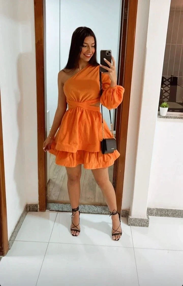Orange One Sleeve A-line Homecoming Dress Y2771 by simplepromdress