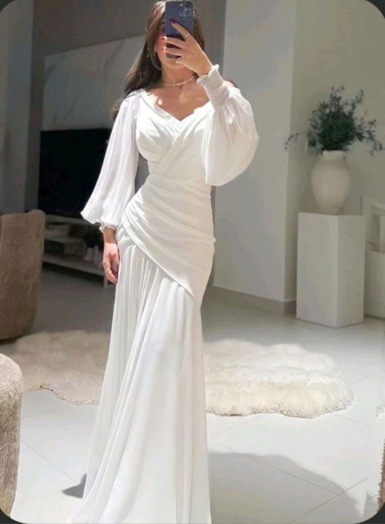 Modest White Mermaid Long Evening Dress with Puff Sleeves Y4074 - VelvetHem