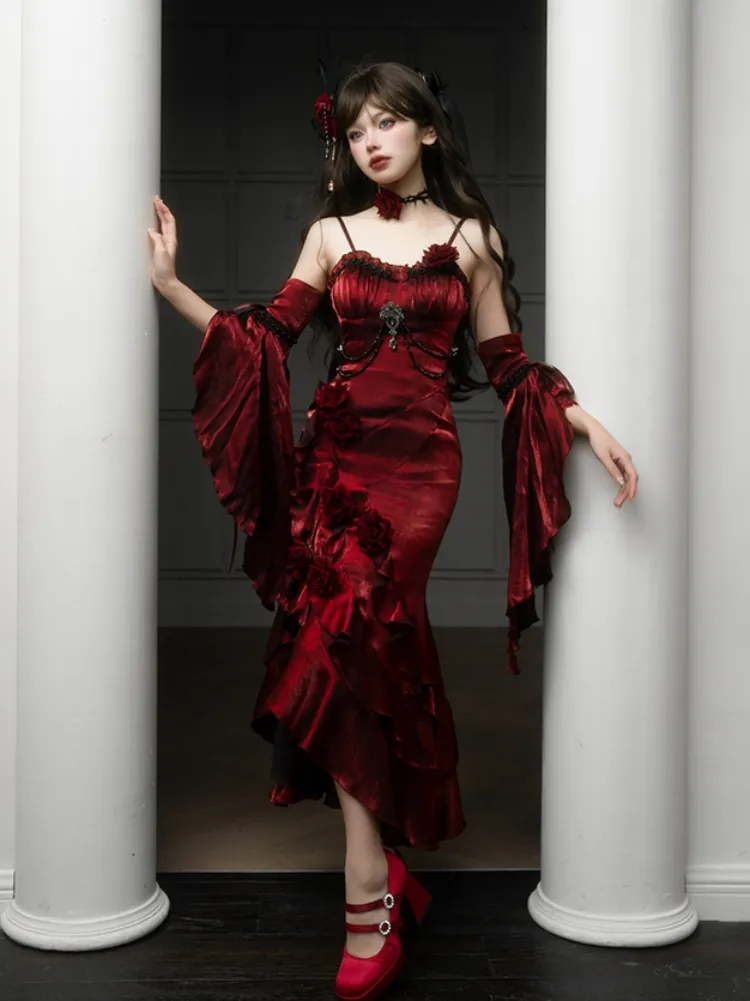 Vintage High-Low Spaghetti Straps Floor-Length Burgundy Flowers Prom Dresses Birthday Dress - View 6 | FashionDia