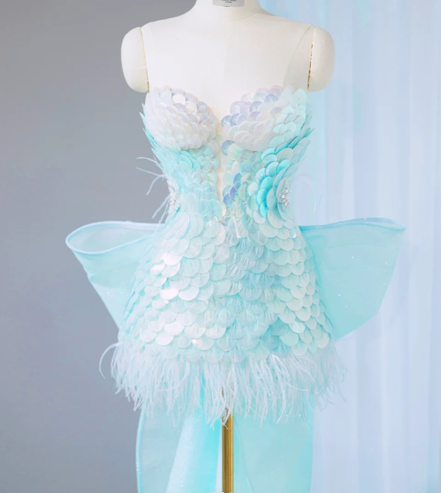 Charming Baby Blue Sequin Short Party Dress Birthday Dress With Bow