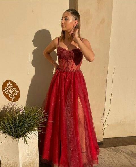 A-line Sweetheart Spaghetti Straps Tulle Glitter Prom Dress With Applique