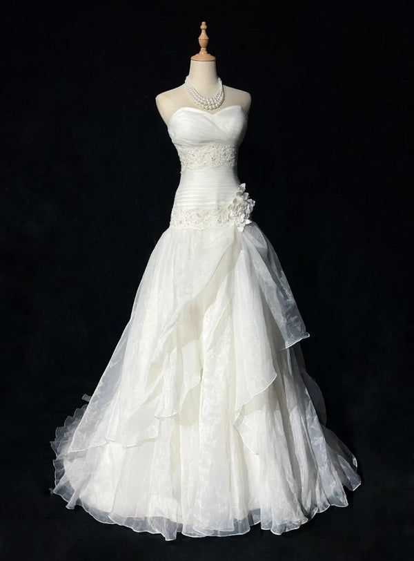 Classy Strapless White Tulle Appliques Mermaid Long Party Dress Princess Birthday Prom Dresses - FashionDia