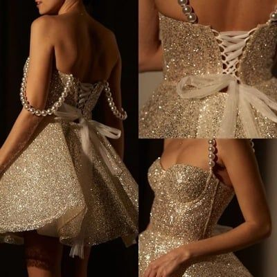 Glitter Champagne Sequin A-Line Homecoming Dress Cocktail Dress Spaghetti Straps Short Birthday Dress - View 4 | FashionDia