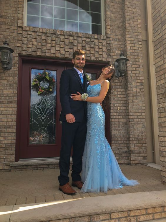 Sky Blue Spaghetti Straps Open Back Long Prom Dress