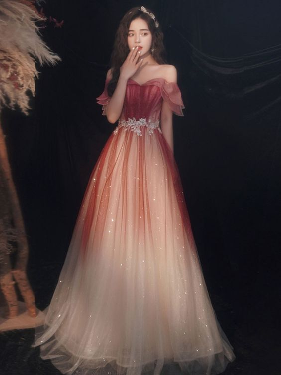 Cute Tulle Sequins Long Prom Dresses A-Line Ombre Evening Dresses Y5850 - View 3 | VelvetHem