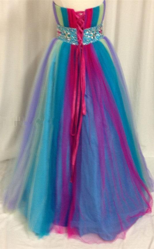 Rainbow Sweetheart Tulle Ball Gown Prom Dress with Beadings Colorful Floor Length Lace-Up Evening Dresses