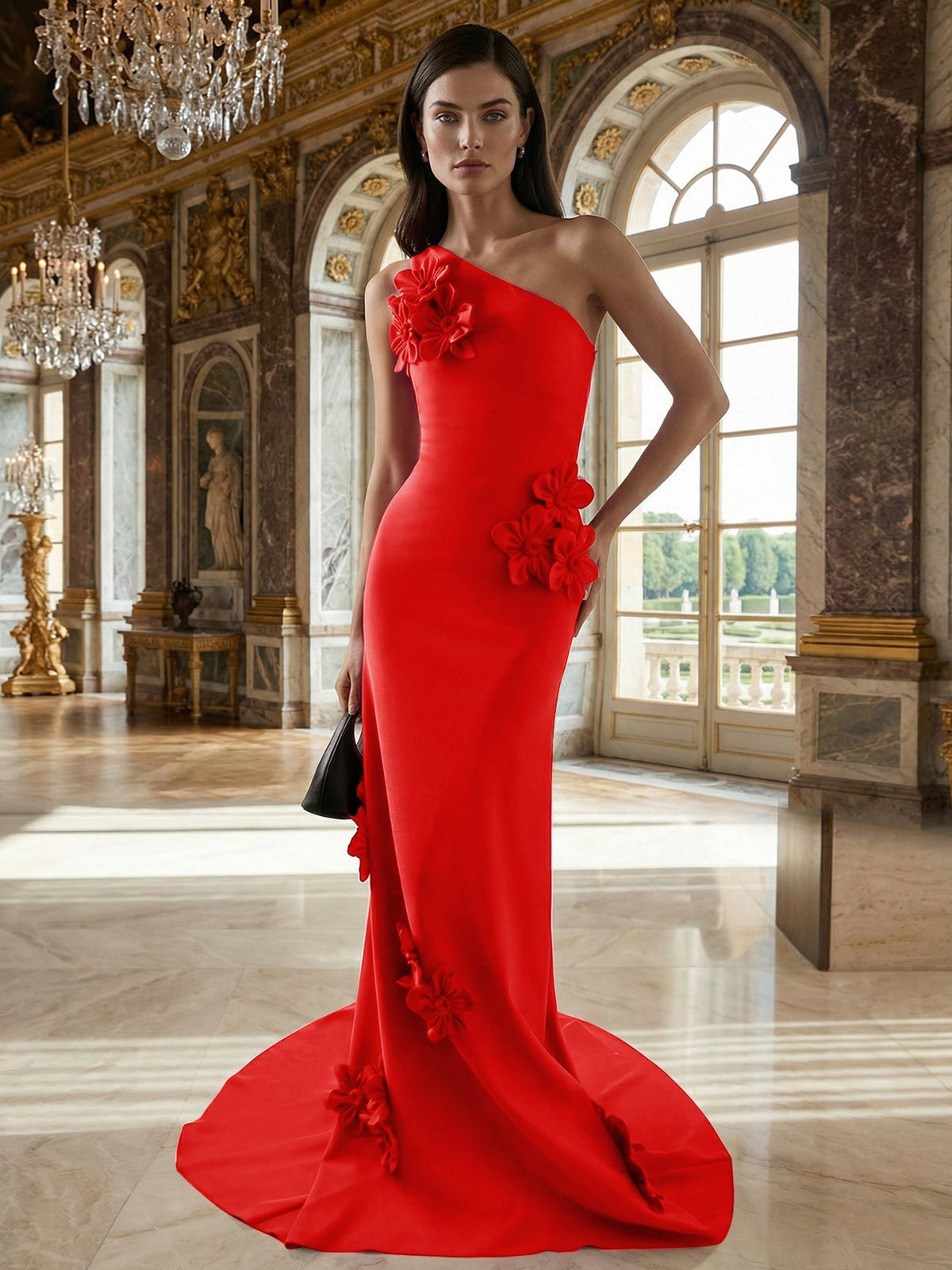 A-Line One-Shoulder Sleeveless Floor-Length Stretch Crepe Dress With 3D Flowers