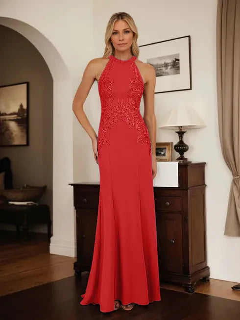 Dusty Blue Sheath Halter Long Mother of Bride Dress With Appliques