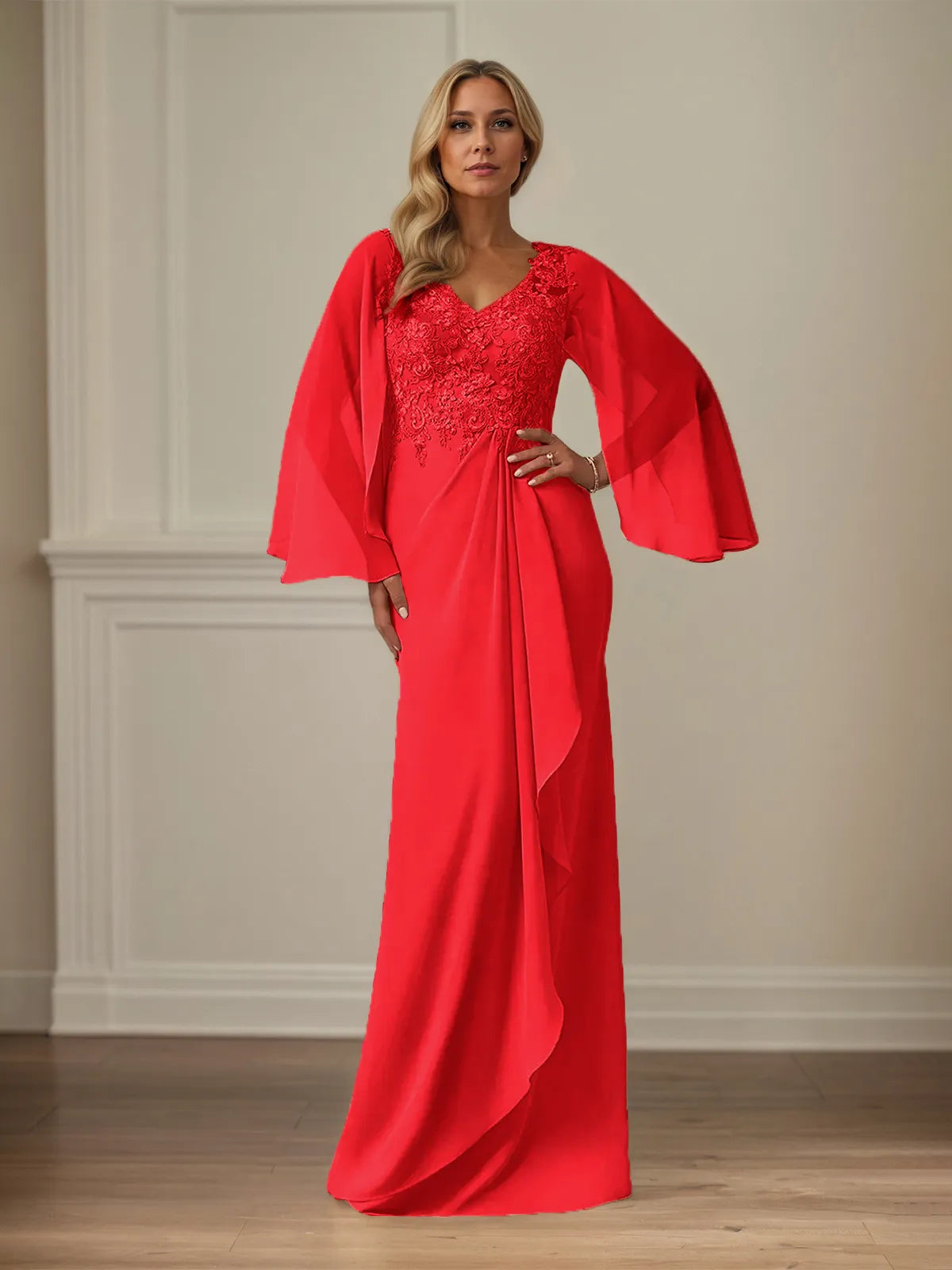 Sheath/Column Chiffon V Neck Long Sleeves Floor Length Mother of the Bride Dresses With Appliques