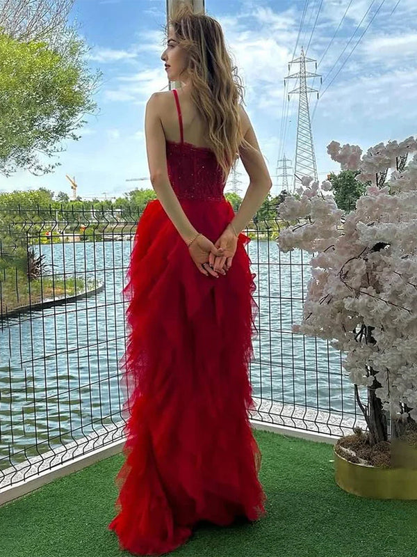 Red Mermaid Spaghetti Straps Tulle Long Prom Dress with Ruffles