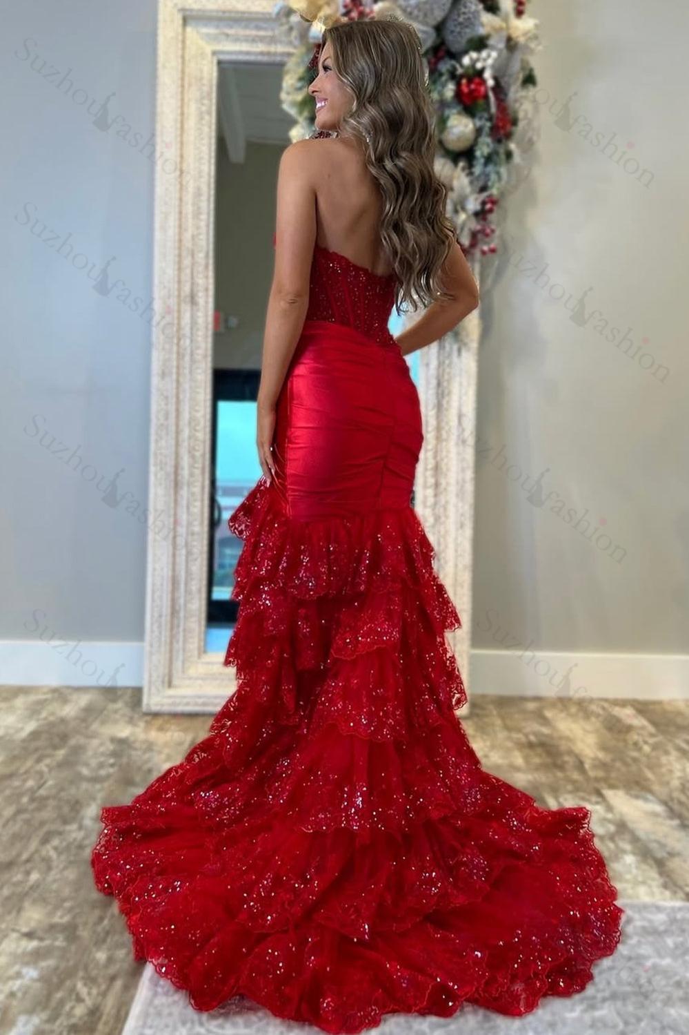 Red Prom Dress Floor Length Ruffled Formal Dress With Slit